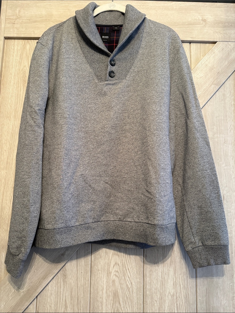 BOSS Men's Heather Gray Shawl V-Neck Button Sweater
